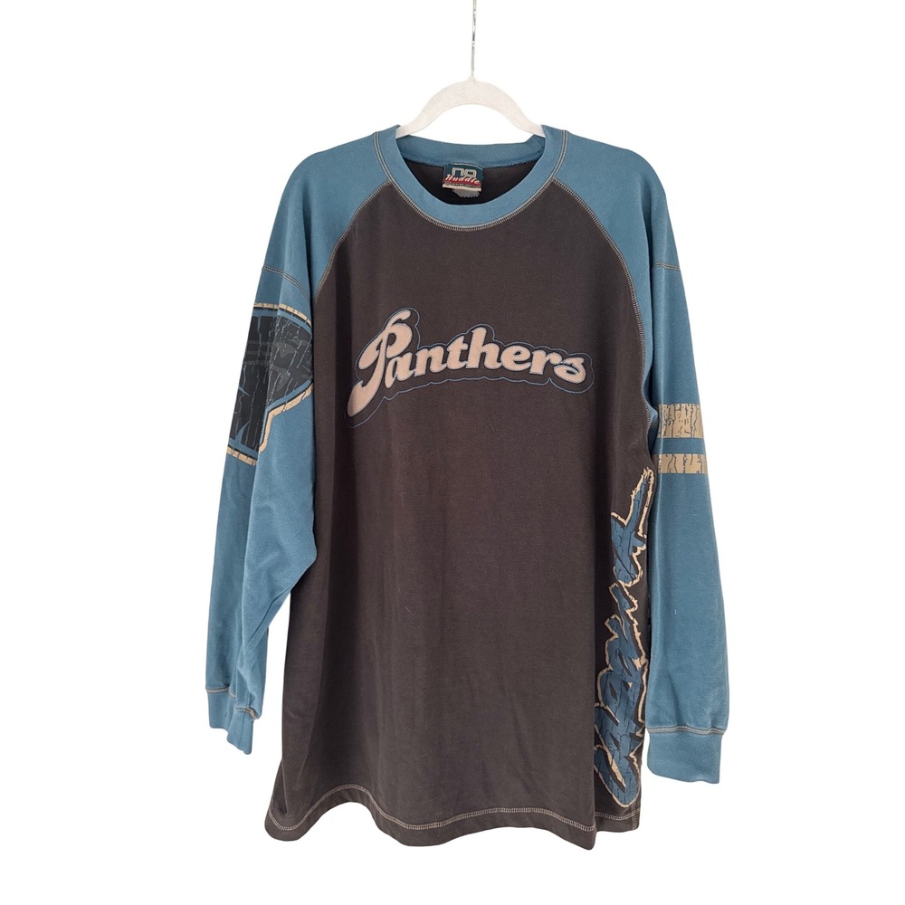 Vintage Carolina Panthers Long Sleeve Shirt Y2K NFL Graphic Tee Blue Black XL